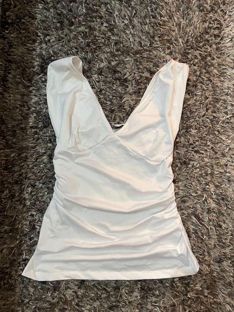 Chic White Ruched V-Neck Top
