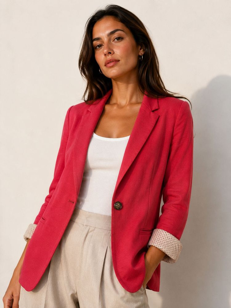 Chic Red Linen Blend Blazer