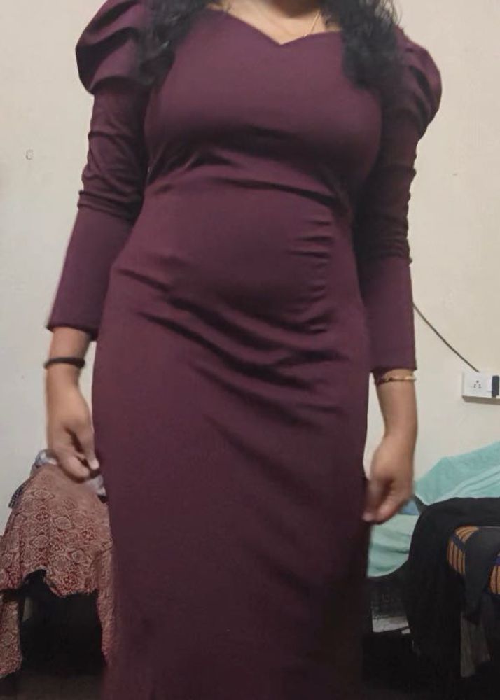 Elegant Burgundy Puff Sleeve Dress