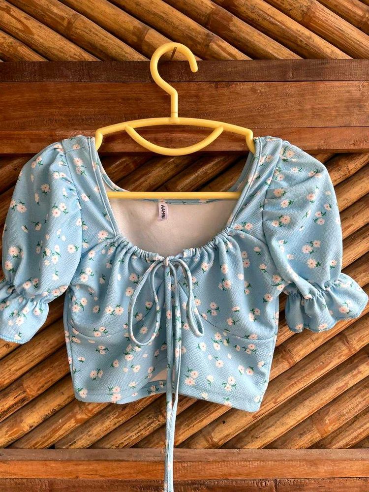 Blue Floral Print Tie-Front Bikini Top