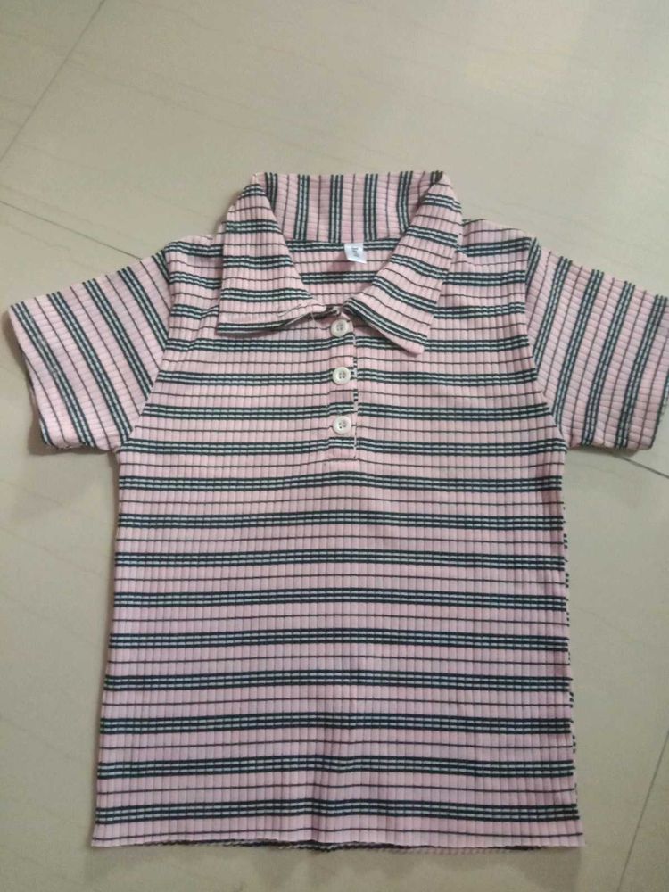 Pink Striped Polo Neck Top