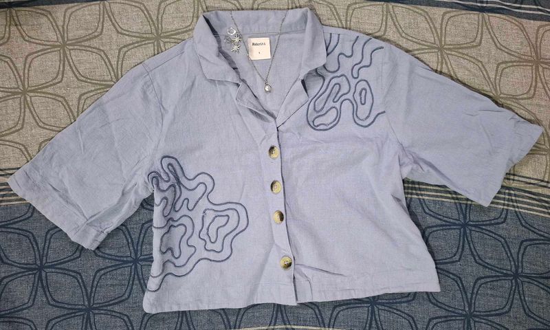 Baby Blue Embroidered Crop Top | Button-Down Colla