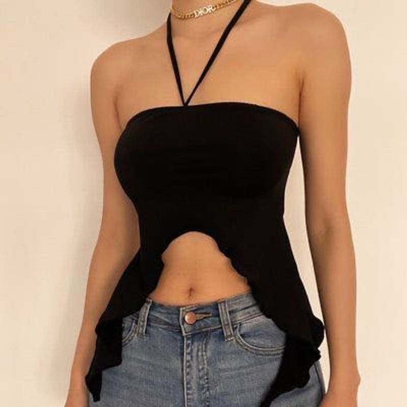 Black Halter Neck Asymmetrical Top