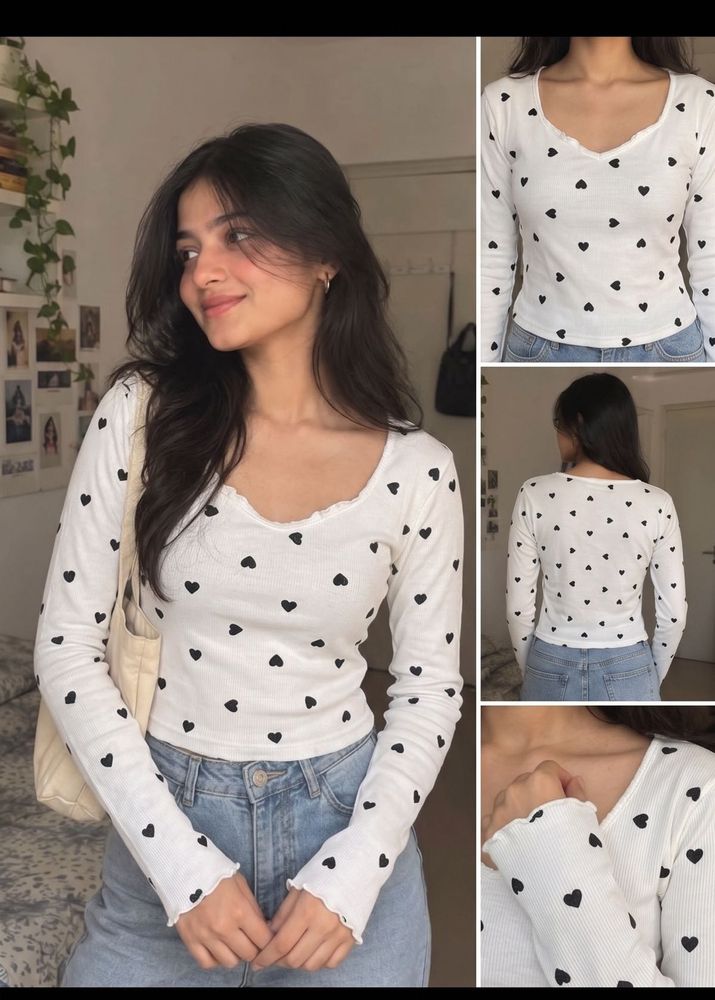 White Heart Print Long Sleeve Top
