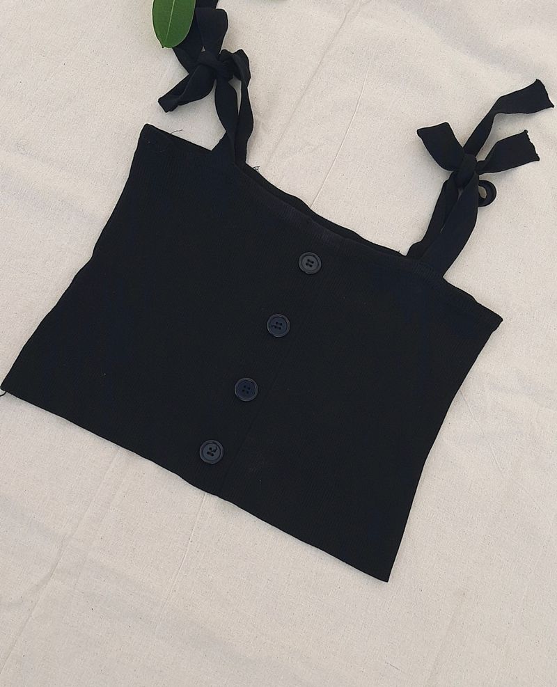 Women Black  Solid Lace Up Button Tank Top