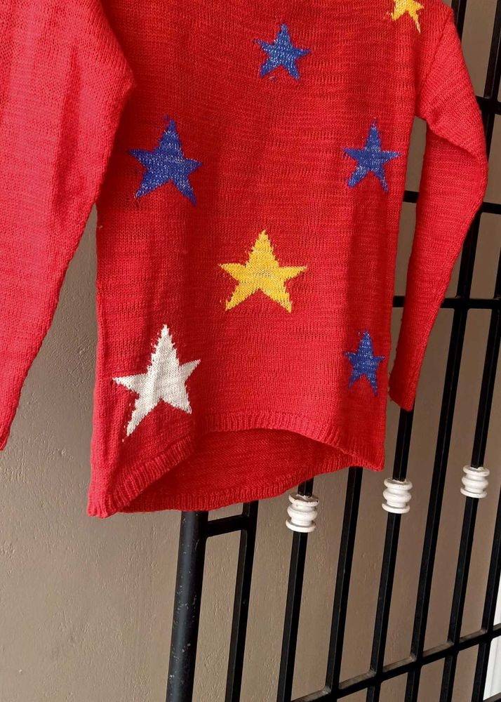 Red Blouse with Blue Star Embellishment