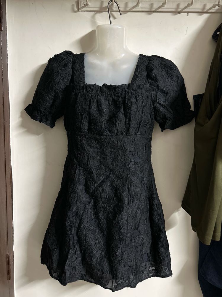 Black Textured Square Neck Mini Dress