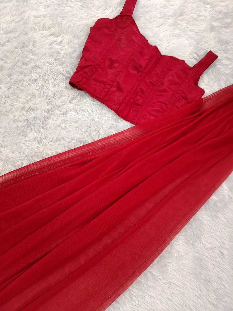 Vibrant Red Saree with Matching Corset Blouse