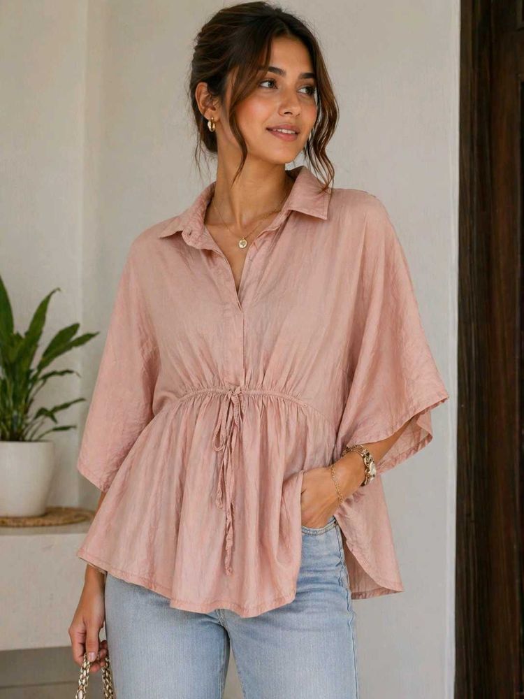Pink Peplum Blouse with Tie Detail