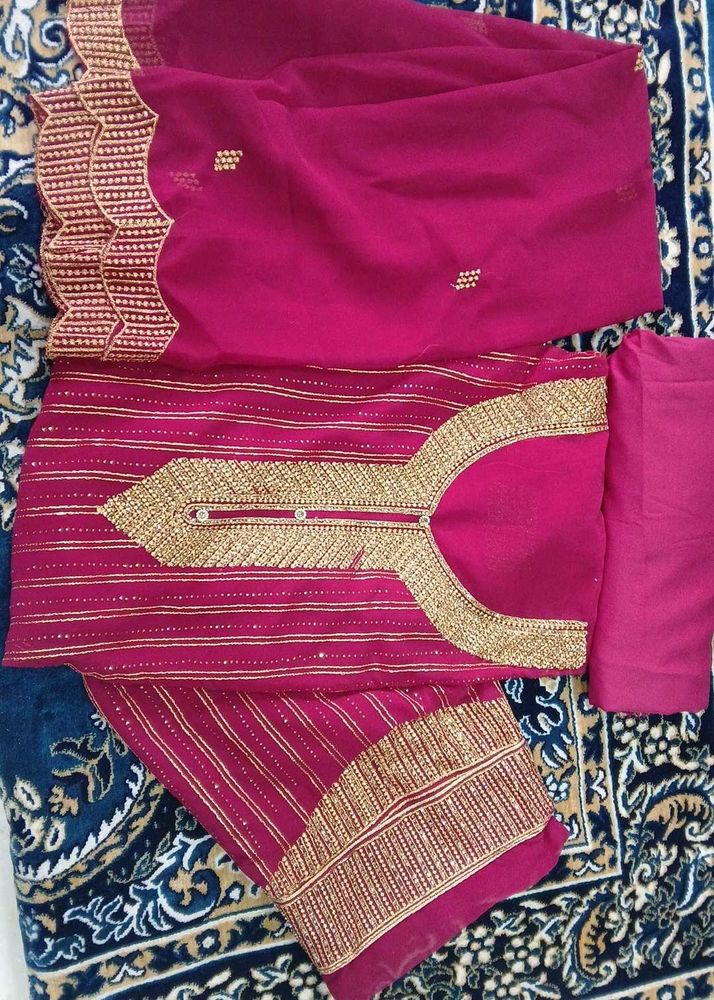 Beautiful Magenta Kurta Set with Gold Embellishmen