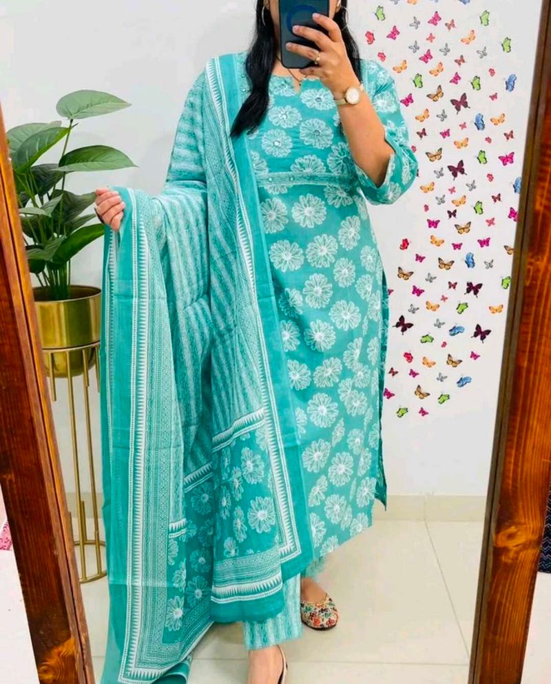 Teal Floral Kurta Set with Dupatta