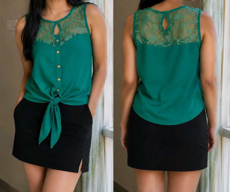 Stylish Teal Lace Detail Tie-Front Top