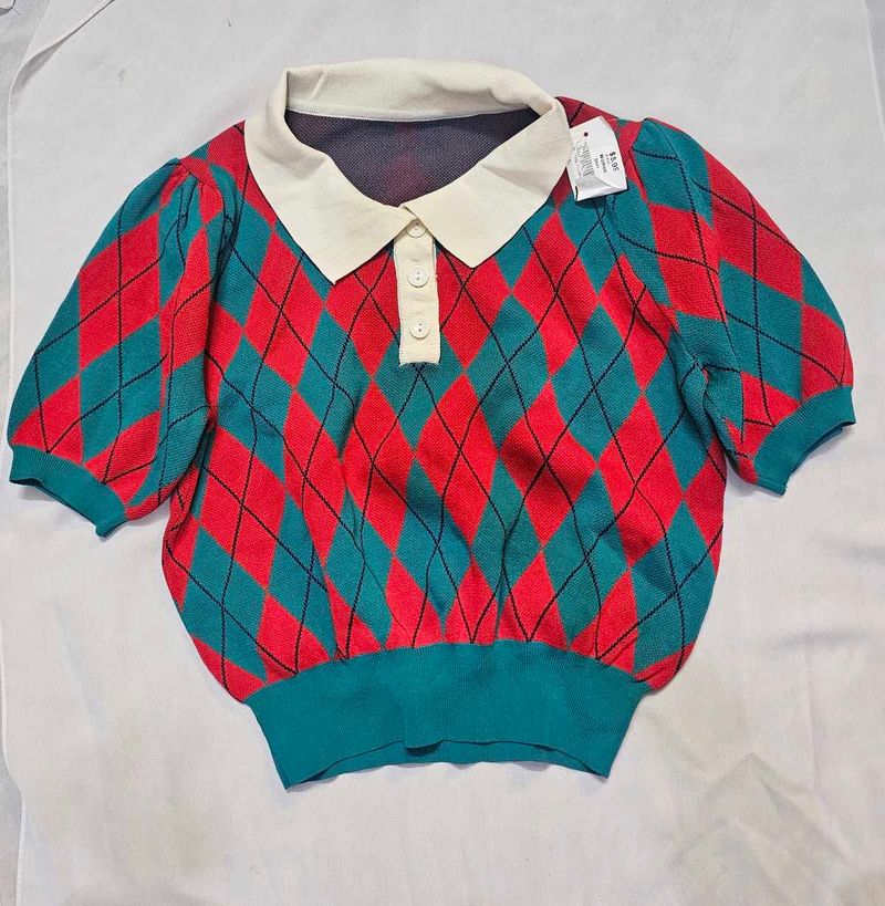 SHEIN Retro Argyle Polo Pattern Puff Sleeve Knit T