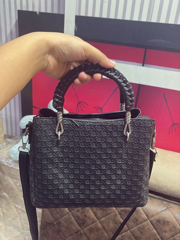 Black Textured Handbag with Adjustable Shoulder St