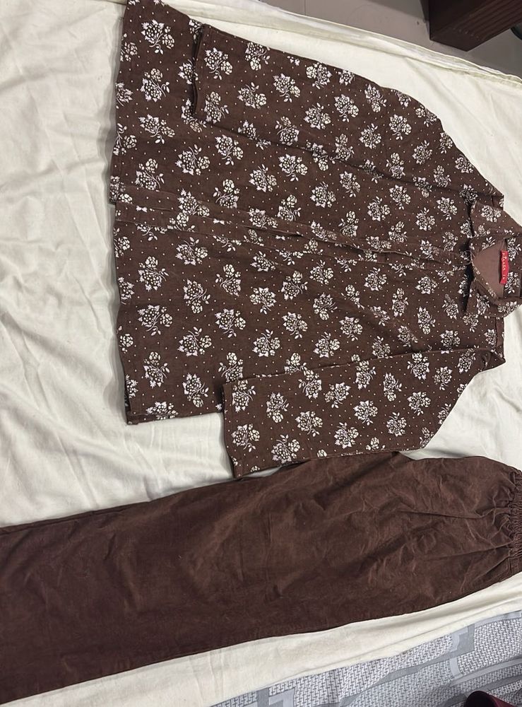 Brown Floral Printed Night Suit