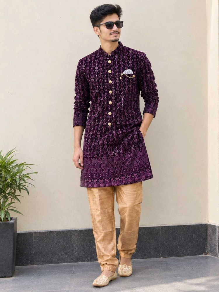 Men's Purple Velvet indowestern set