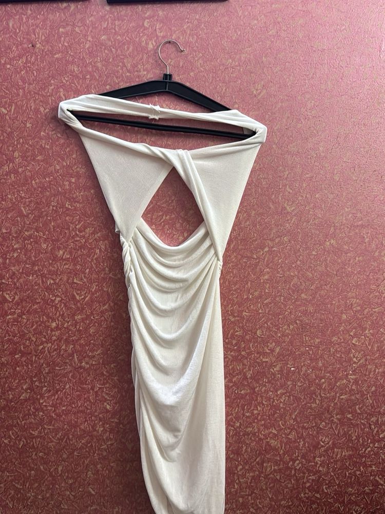 Cream Ruched Halter Neck Dress