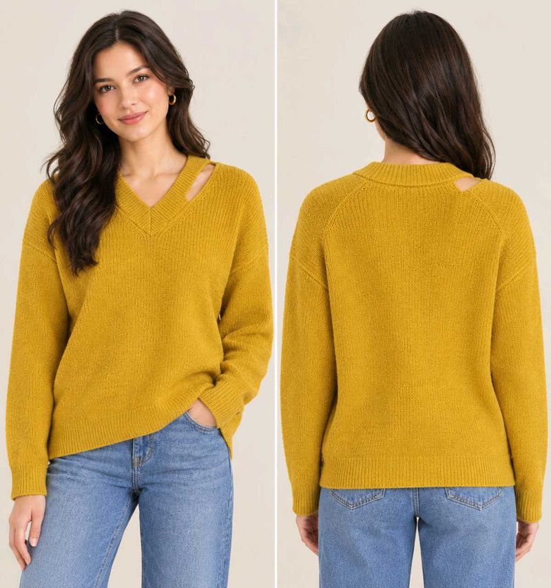 Mustard Yellow Cut-Out V-Neck Sweater