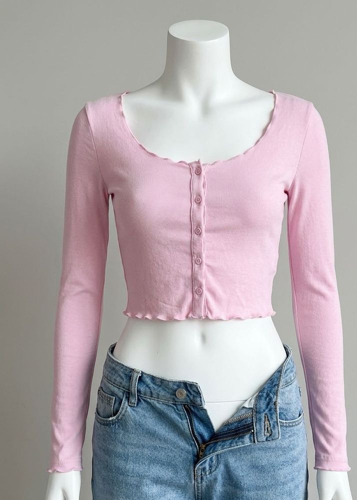 Cute Pink Cropped Long Sleeve Top