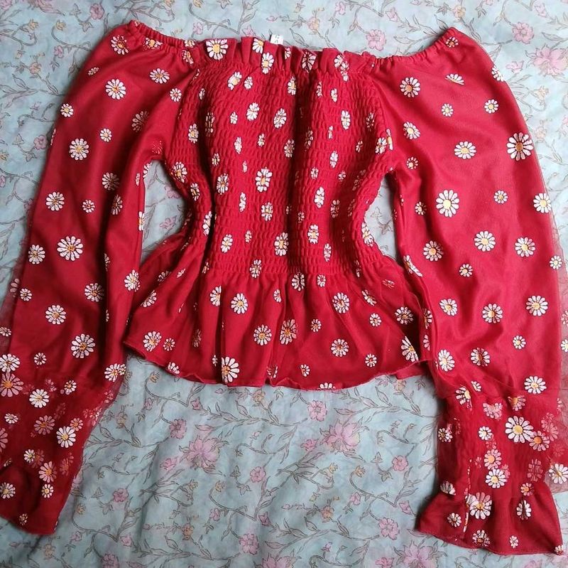 Red Floral Off-Shoulder Top