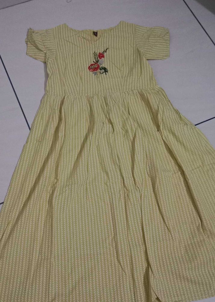 Yellow Striped Dress with Floral Embroidery
