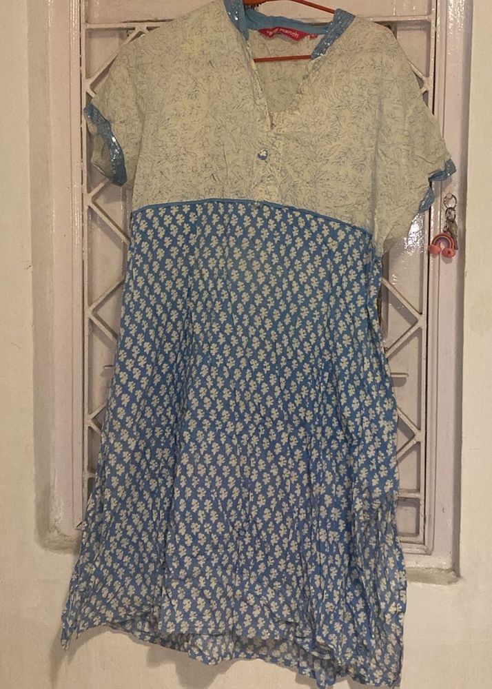 Blue &amp; White Printed Kurta Size - L