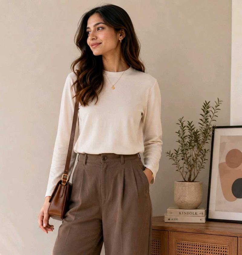 Cream Long Sleeve Crew Neck Top