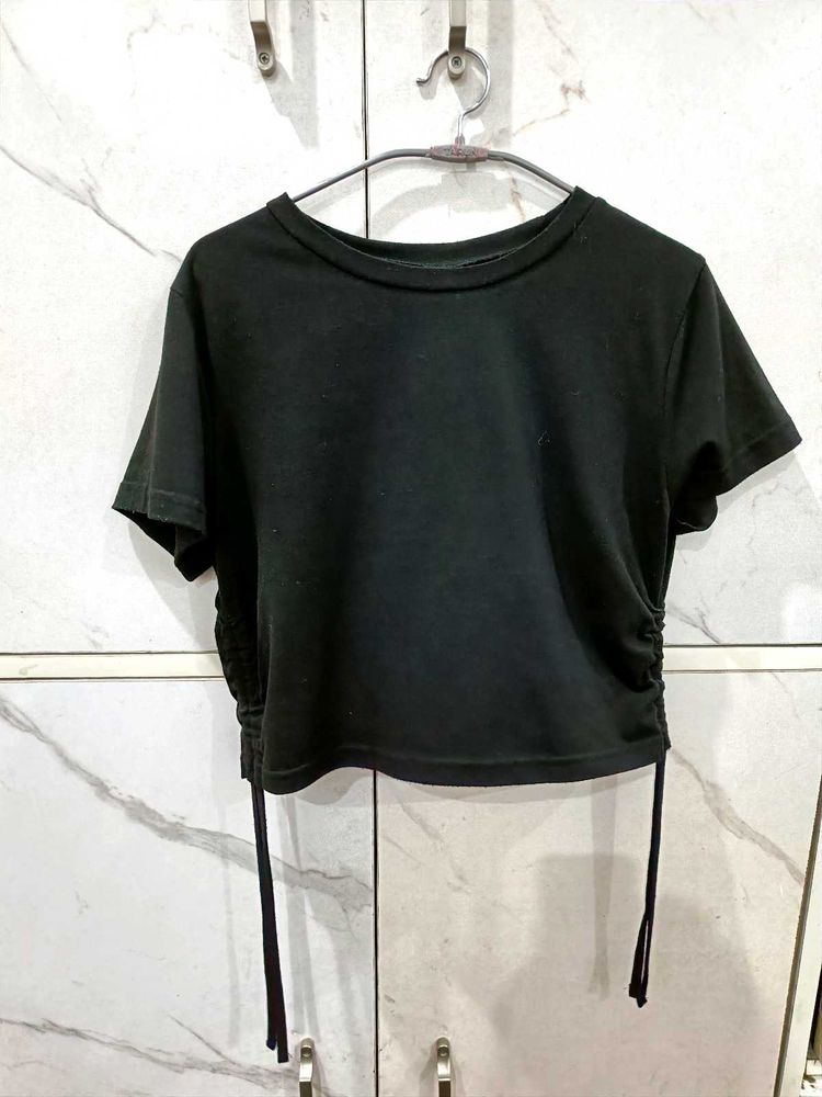 Black Ruched Drawstring T-Shirt