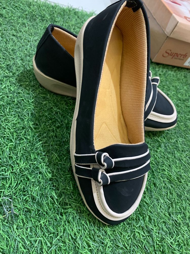 "Stylish Black Loafers with Cream Trim all sizes