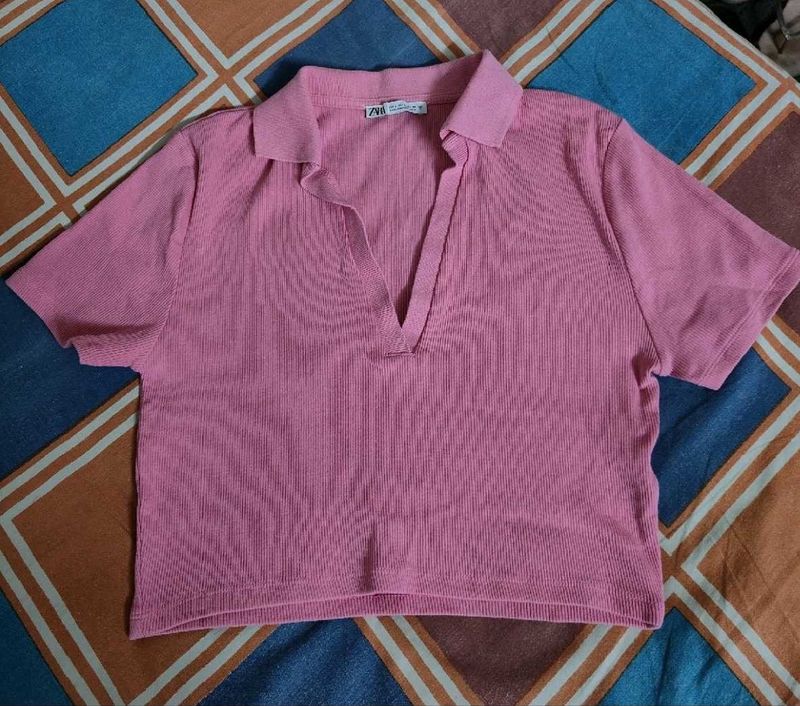 ZARA Pink Polo Neck Cropped Top