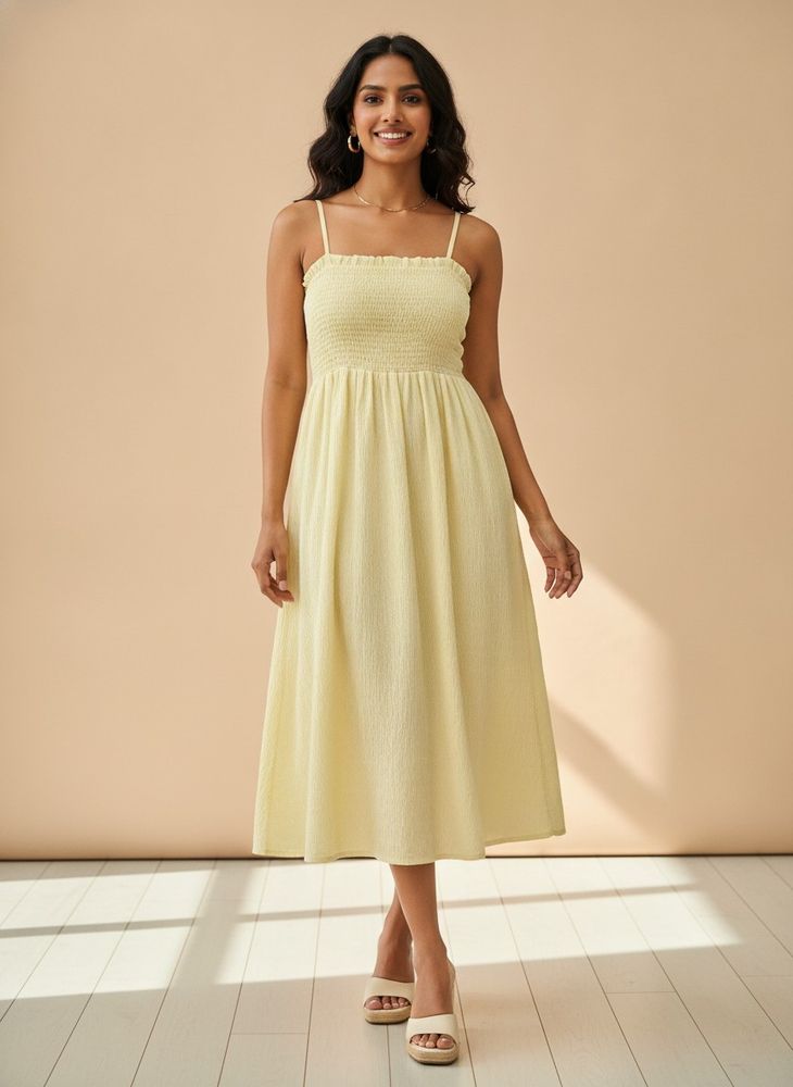 Cream Smocked Midi Dress