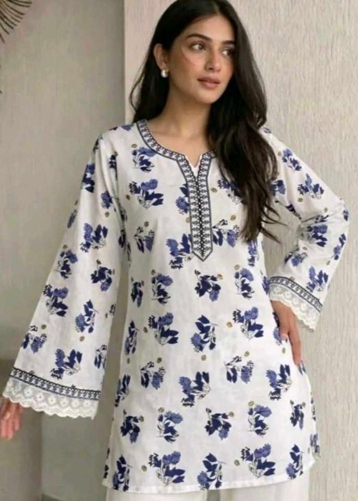 White Kurta with Blue Floral Print