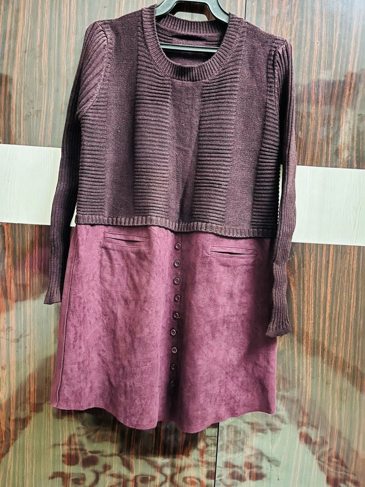 Burgundy Knit &amp; Suede Dress