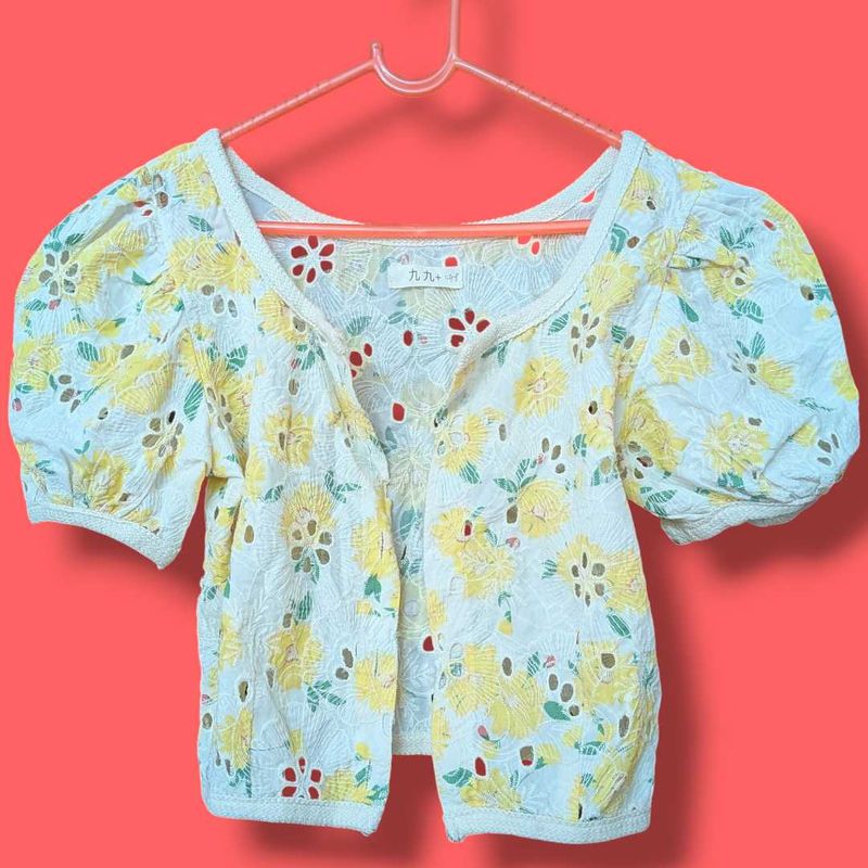 Floral Puff Sleeve Cropped Cardigan