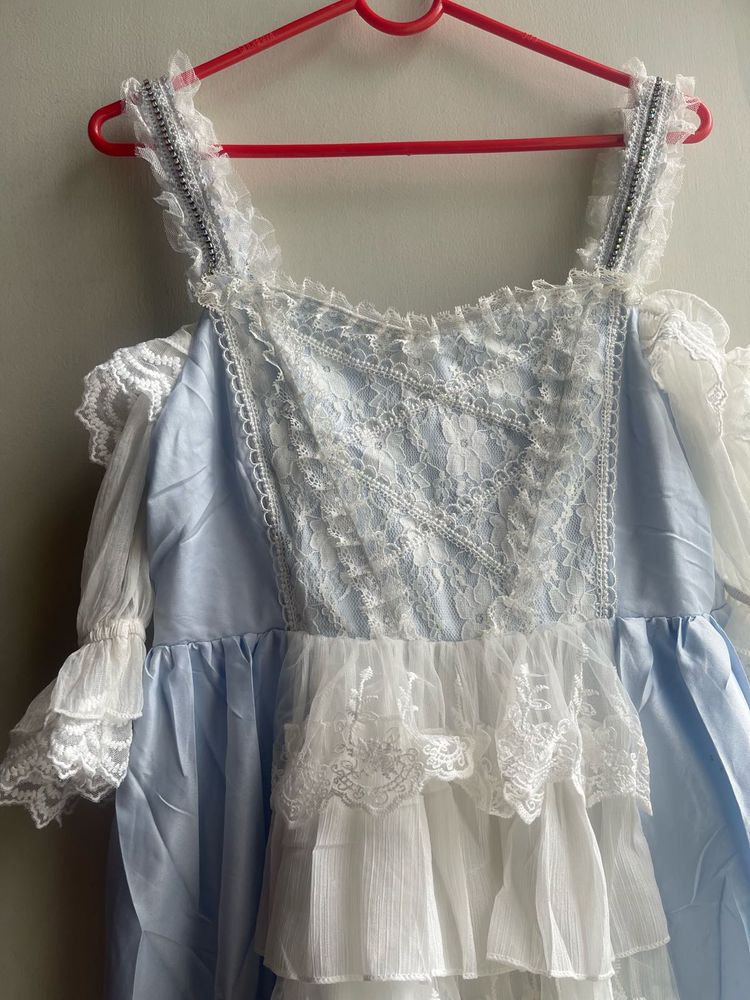 Elegant Blue &amp; White Lace Gown