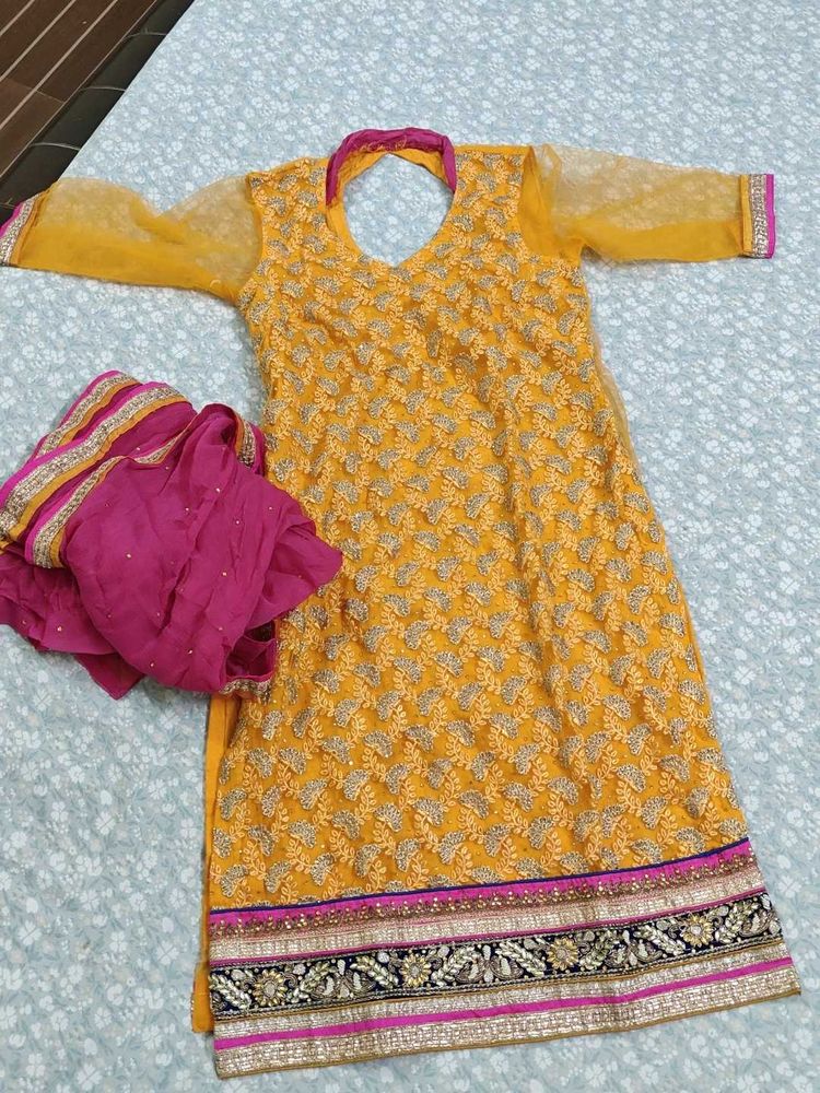 Yellow Embroidered Kurta with Dupatta