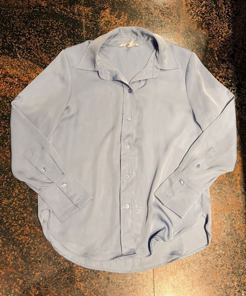 Light Blue Satin Button-Up Shirt