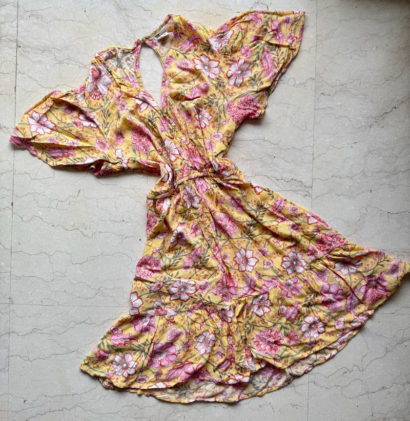 Boho Yellow Floral Print Midi Dress