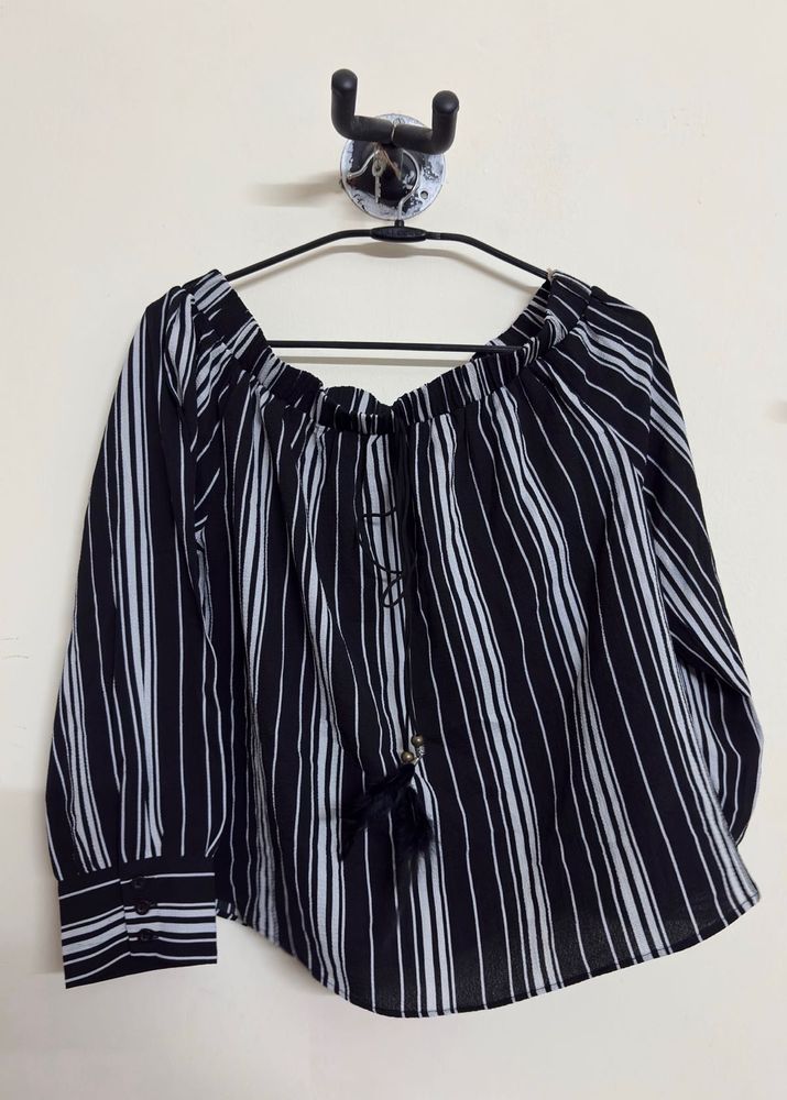 Chic Striped Off-Shoulder Tassel Top