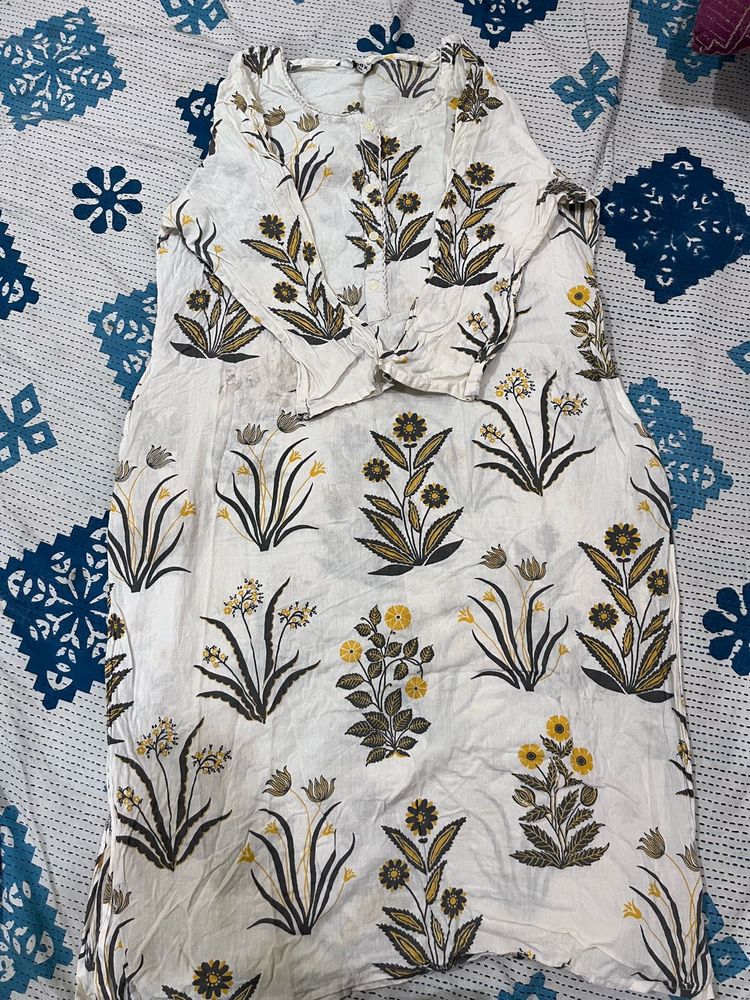 White Floral Print Kurta