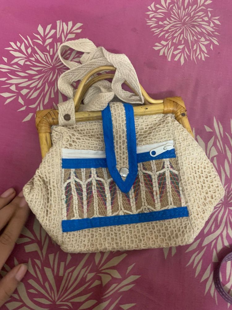 Boho Chic Woven Handbag with Bamboo Handle