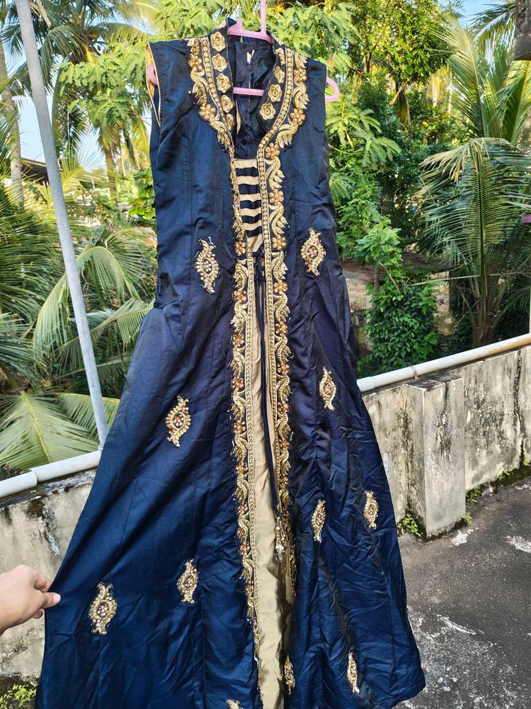 Elegant Blue &amp; Gold Embellished Gown
