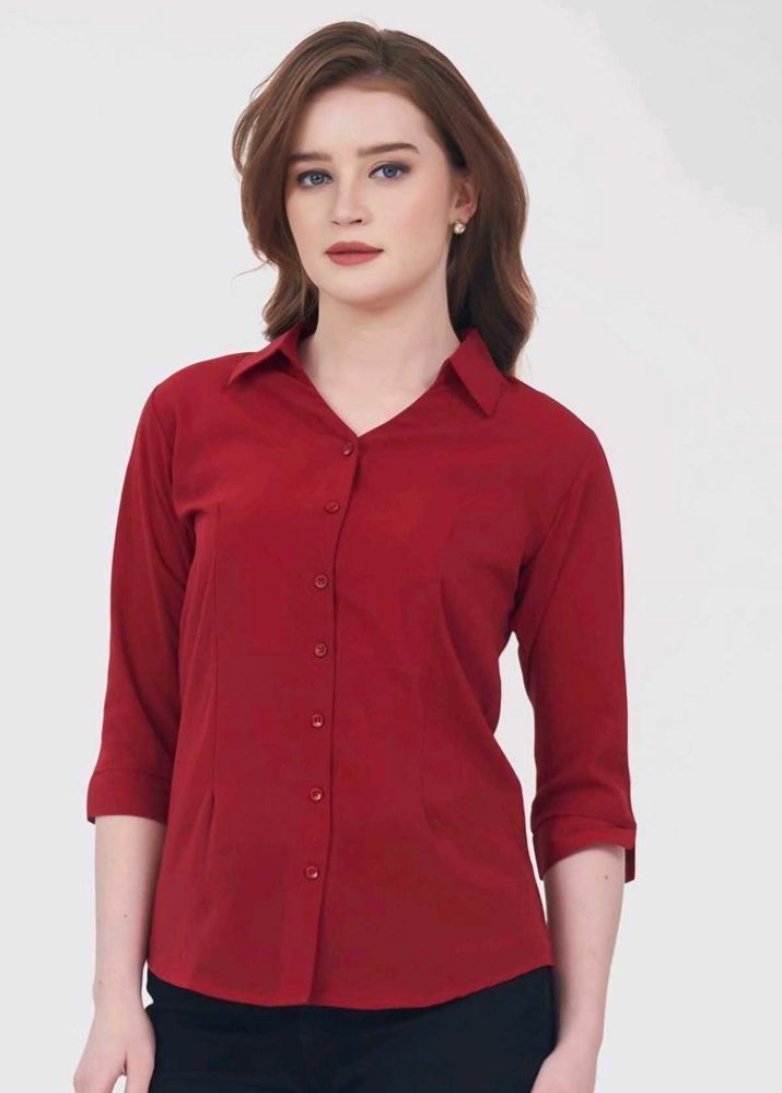 Chic Red Collared 3/4 Sleeve Shirt