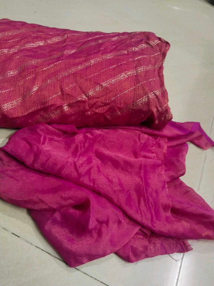 Vibrant Pink Saree with Golden Stripes