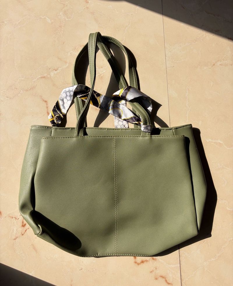 Olive Green Tote Bag with Scarf Accent
