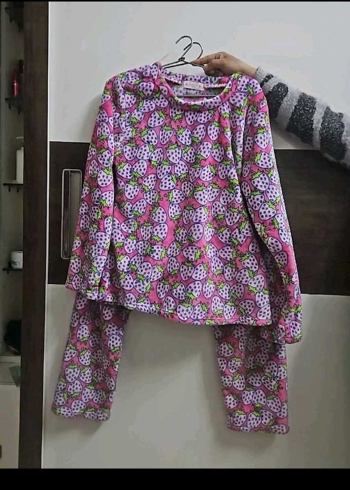 Cute Strawberry Print Velvet Pajama Set