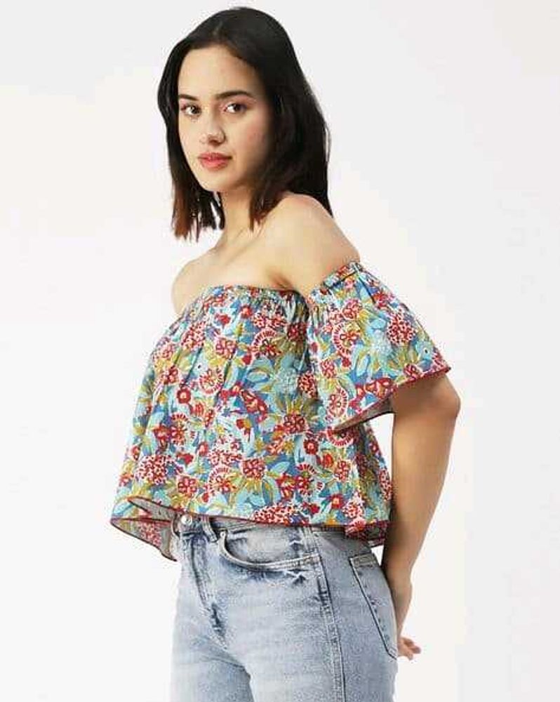 Boho Floral Off-Shoulder Crop Top
