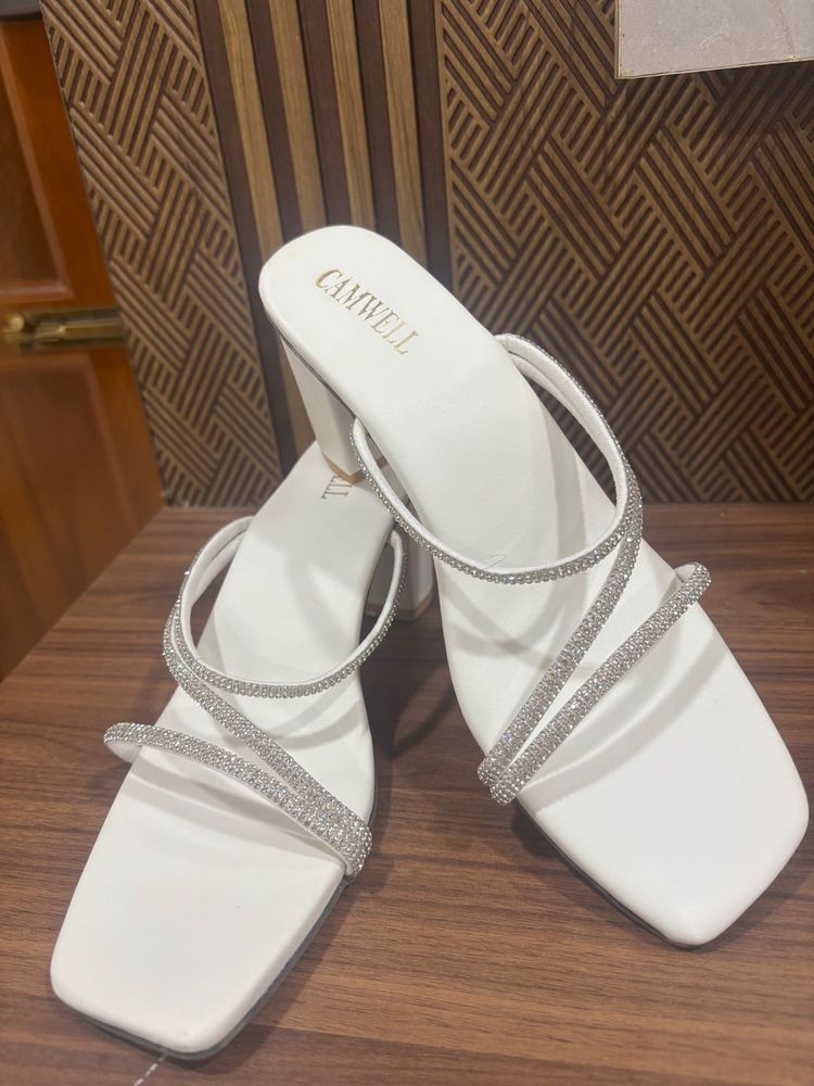 Stylish White Embellished Block Heels
