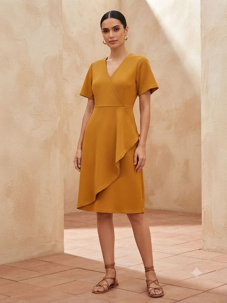 Mustard Yellow Wrap Dress with Ruffle Detail