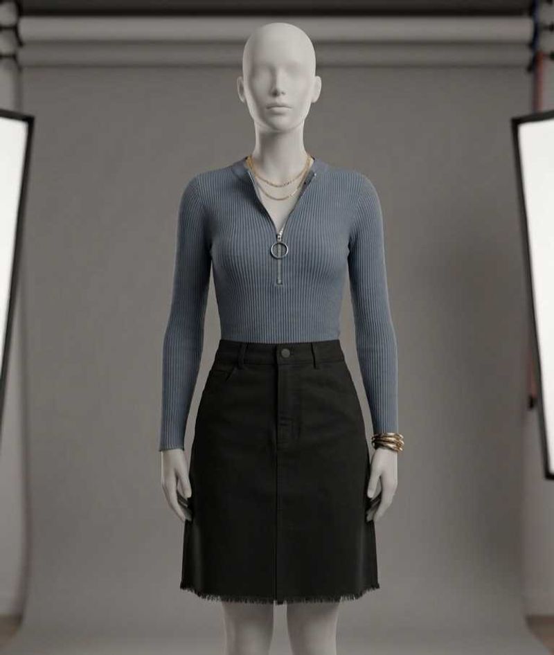 Slate Blue Quarter-Zip Ribbed Top